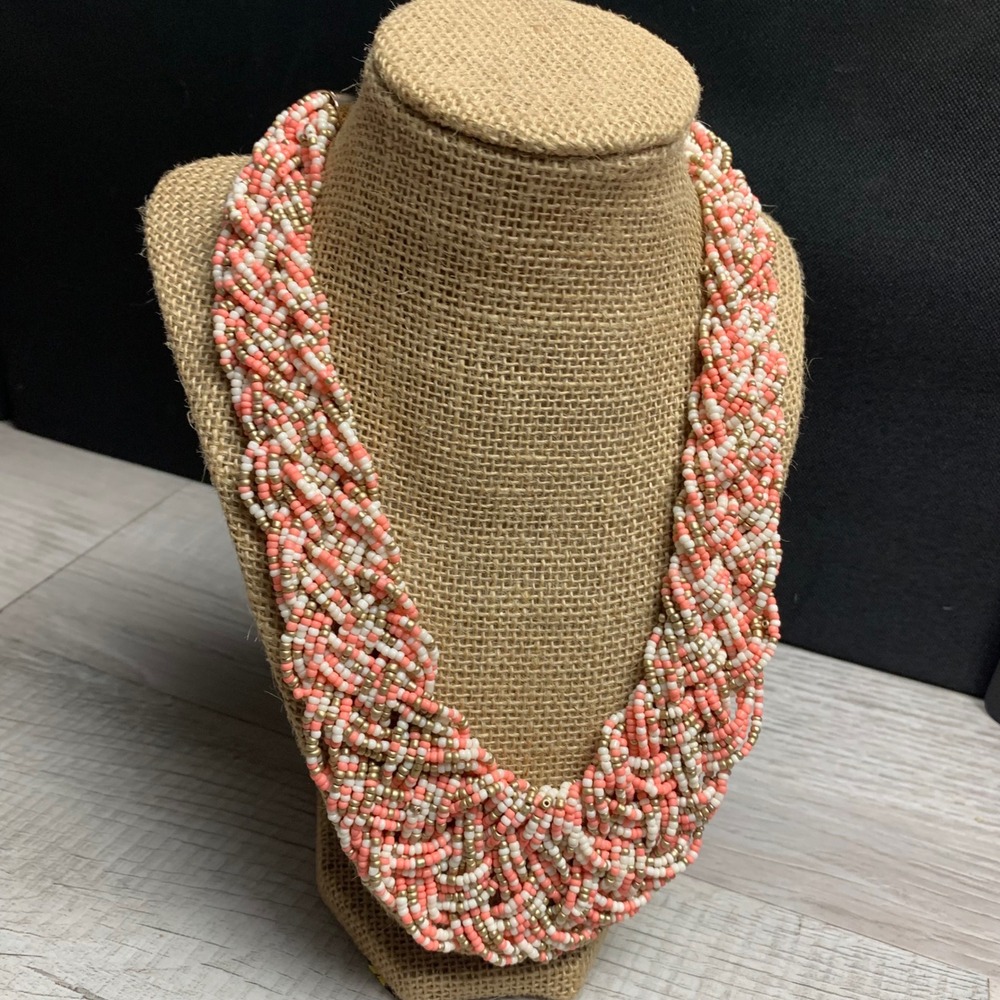 Coral Cream Gold Braided Multi Strand Seed Bead Statement Necklace 16 inch